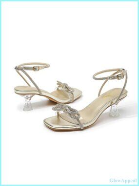 Rhinestone Bow Kitten Heel Sandals Clear Heeled Ankle Strap Dress Shoes